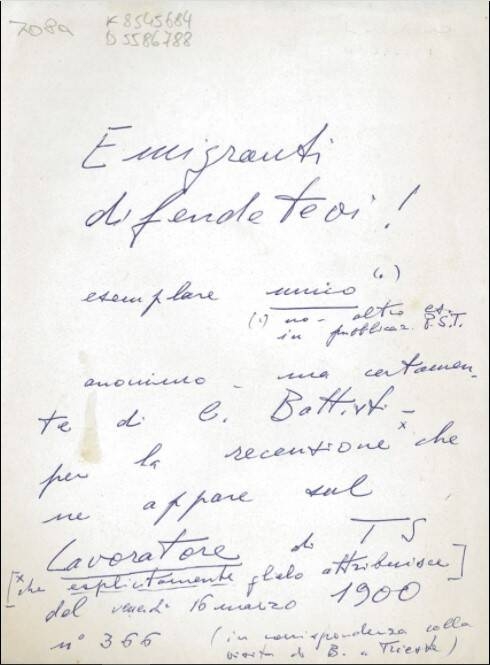 Immagine: Emigranti difendetevi - esemplare unico - 1899