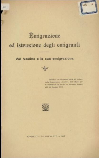 Immagine: Emigrazione ed istruzione degli emigranti - Val Vestino e la sua emigrazione - 1913