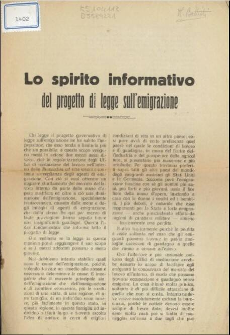 Immagine: Lo spirito informativo del progetto di legge sull'emigrazione